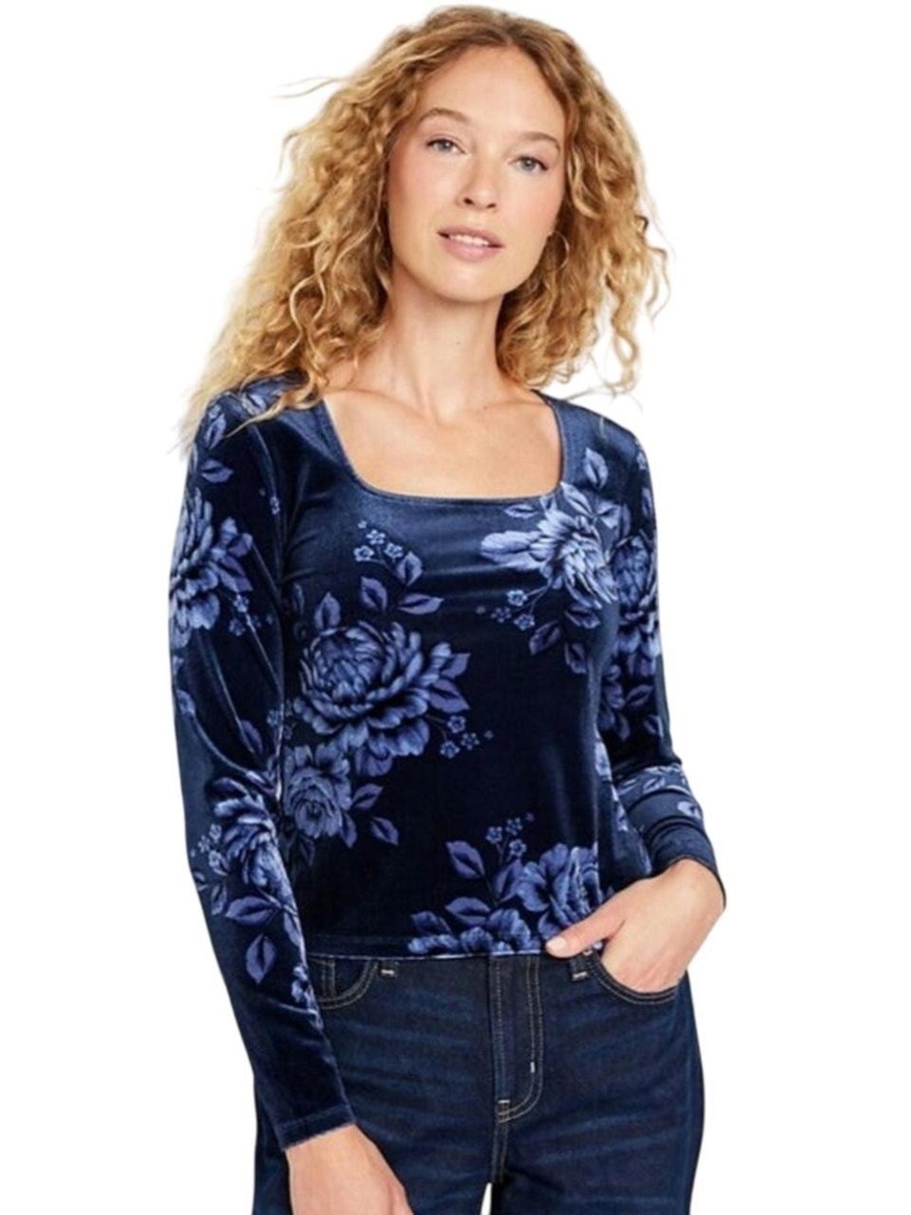 NWT Old Navy Navy Blue Floral Velvet Long-Sleeve Top